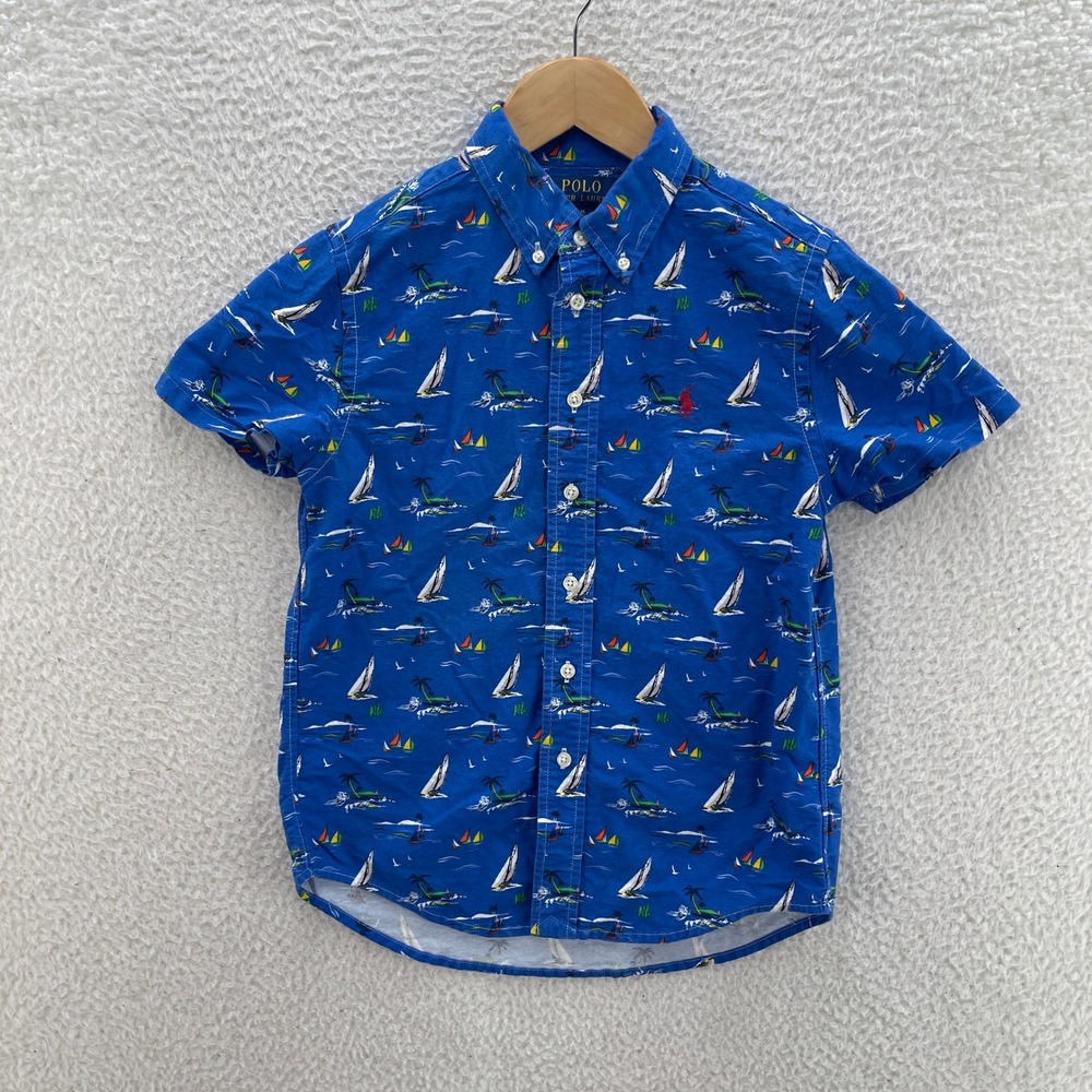 Polo Ralph Lauren Shirt Boys M Blue Sailboat AOP Button Down Pony Preppy Luxury